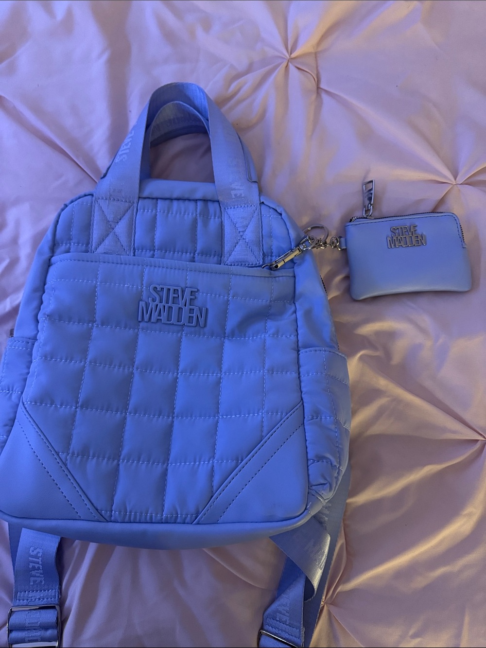 Steve Madden Quilted Light Blue Backpack with Matching Coin Pouch